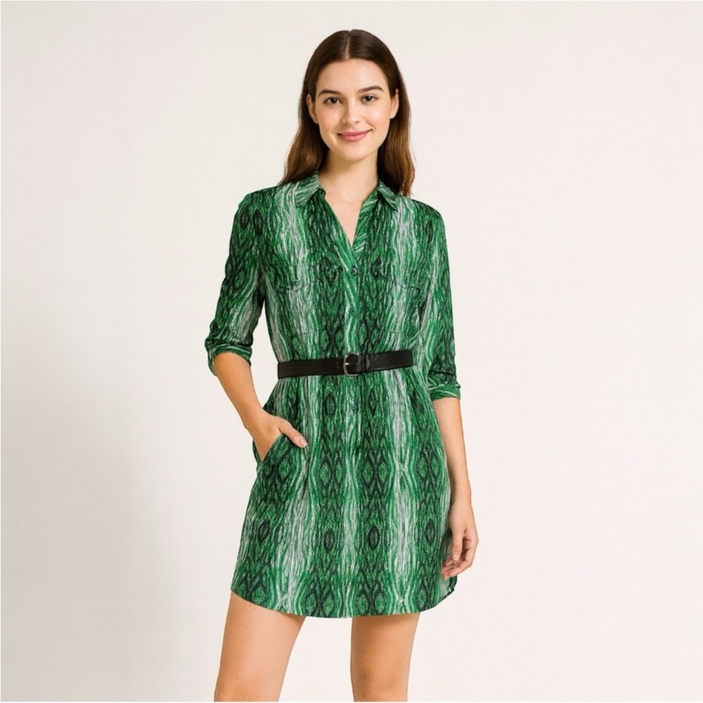 M Derek Lam Green Woodgrain Button Down Shirt Dress